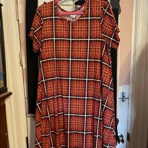 LULAROE L Carly Dress large SUPER MAJOR UNICORN red plaid tartan